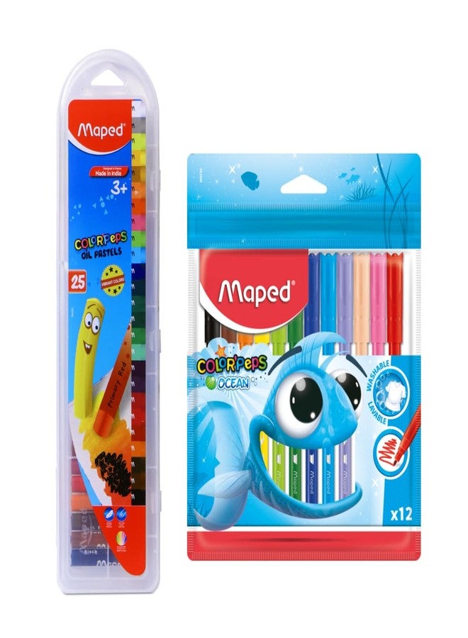 MAPED Colouring Kit - 2Pcs Set Washable Felt Tip Pen X12 Shades Oil Pastels X25 Shades|Oil pastel with Plastic Case| Bright shade Sketch pens| Birthday Gift|Rakhi Gift| Return Gift - Image 1